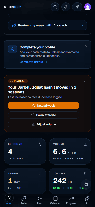 Plateau detected — Barbell Squat hasn't moved in 3 sessions